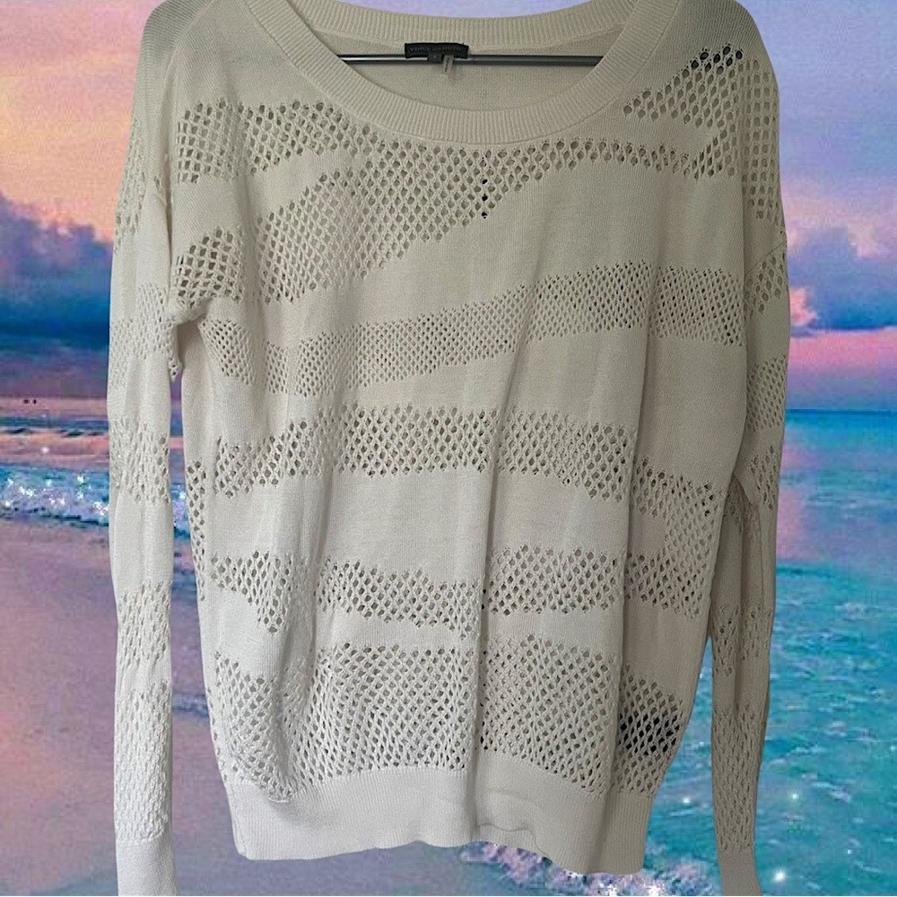 Vince Camuto sweater fishnet opening knitted white winter fall blouse top shirt